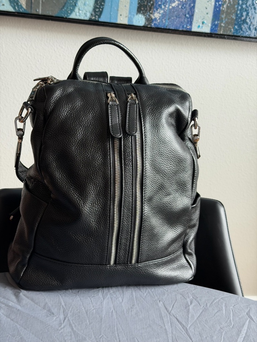 Black Leather Women's Backpack with Dual Front Zips